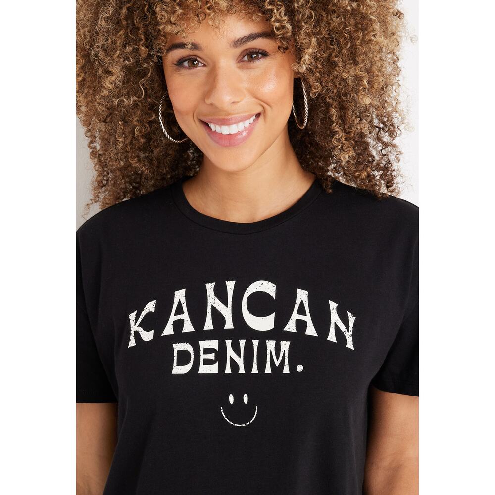 KanCan Denim" smiley face graphic crew neck